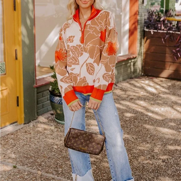 Impressions Floral Patterned Zip-Up Sweater - Orange and Brown Sz L - Picture 2 of 7